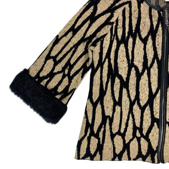 Chico's Jacket Womens 1 Beige Black Vintage Faux Fur Trimmed Zipper Chic Sweater - Picture 4 of 16
